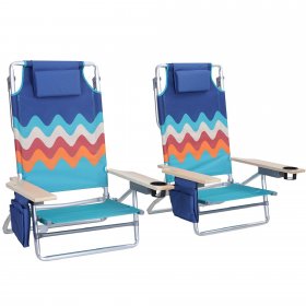 Alpha Camp Set of 2 Aluminum Oversized Portable Folding Beach Chairs with 5-Position & Wood Armrests, Wave Pattern
