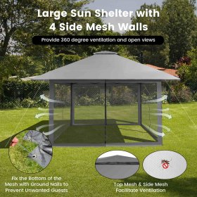 Costway 13x13ft Pop-up Instant Canopy Tent Mesh Sidewall UV50+ Adjust Outdoor Patio Grey