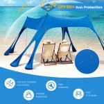 Costway 10 x 10 FT Beach Sunshade Canopy UPF50+ with Carry Bag &8 Sandbags &3 Shovels