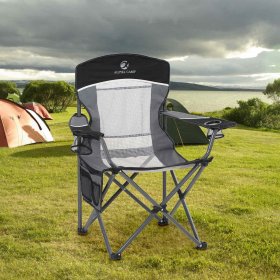 Alpha Camp Oversized Camping Chair Portable Folding Chair Heavy-Duty Steel Frame Mesh Chair with Cup Holder Suitable for Outdoor Fishing Camping, Black