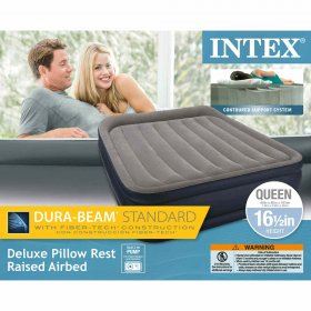 Intex Deluxe Pillow Rest Queen Raised Built-In Pump Fiber-Tech Airbed