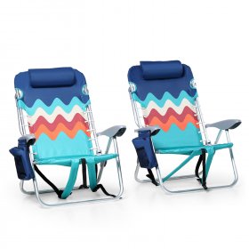 Alpha Camp Set of 2 Aluminum Portable Folding Beach Chairs Outdoor Lounge Chair with 4 Adjustable Positions & Cooler Bag, Wave Pattern, Blue