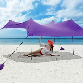 Costway Family Beach Tent Canopy w/4 Poles Sandbag Anchors 10'x9' UPF50+ Purple