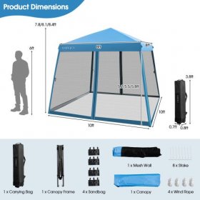10 x 10 Feet Pop Up Canopy with with Mesh Sidewalls and Roller Bag-Blue
