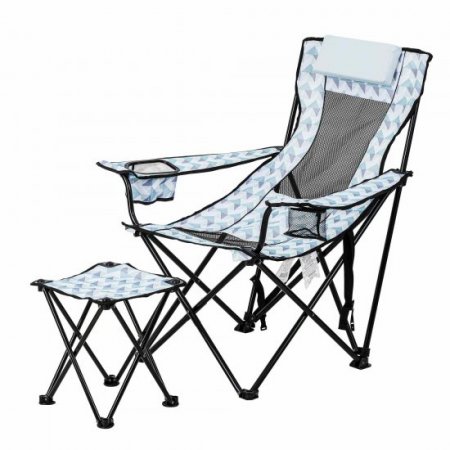 Ozark Trail Lounge Camp Chair with Detached Footrest, Blue and White Geo Design, Padded Headrest, Adult