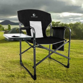 Alpha Camp Oversized Director Chair Portable Folding Camping Chair Heavy-Duty Steel Frame Tailgating Chair with Side Table & Pocket, Gray&Black