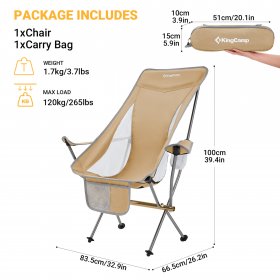 KingCamp Lightweight Highback Camping Chair with Cupholder & Pocket, Khaki