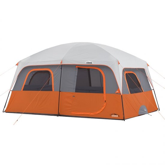 Core Equipment 10-Person 2-Room Straight Wall Cabin Camping Tent - 14\' x 10\' x 86\" H -Orange