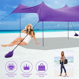 Costway Family Beach Tent Canopy w/4 Poles Sandbag Anchors 10'x9' UPF50+ Purple