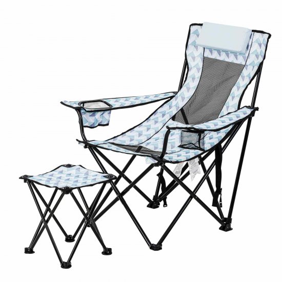 Ozark Trail Lounge Camp Chair with Detached Footrest, Blue and White Geo Design, Padded Headrest, Adult