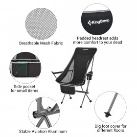 KingCamp Lightweight Highback Chair with Cupholder and Pocket, Black/Grey