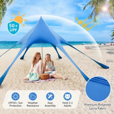 Costway 20 x 20 FT Beach Sunshade Canopy UPF50+ with Carry Bag & 8 Sandbags & Shovel