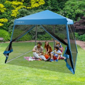 10 x 10 Feet Pop Up Canopy with with Mesh Sidewalls and Roller Bag-Blue