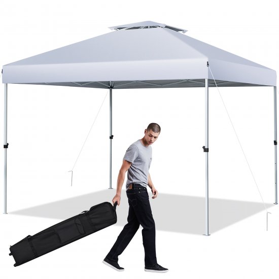Costway 2-Tier 10\' x 10\' Pop-up Canopy Tent Instant Gazebo Adjustable Carry Bag with Wheel White