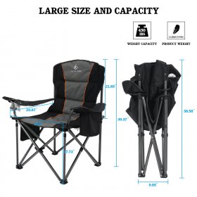 Alpha Camp Foldable Camping Chair Oversized Padded Heavy Duty Portable Quad Chair with Cooler Bag & Cup Holder Supports 450lbs, Black and Gray