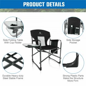 Alpha Camp Oversized Director Chair Portable Folding Camping Chair Heavy-Duty Steel Frame Tailgating Chair with Side Table & Pocket, Gray&Black