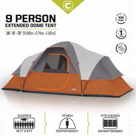 Core Equipment 12-Person 2-Room Straight Wall Cabin Camping Tent- Orange