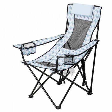 Ozark Trail Lounge Camp Chair with Detached Footrest, Blue and White Geo Design, Padded Headrest, Adult
