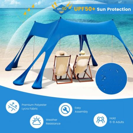 Costway 10 x 10 FT Beach Sunshade Canopy UPF50+ with Carry Bag &8 Sandbags &3 Shovels