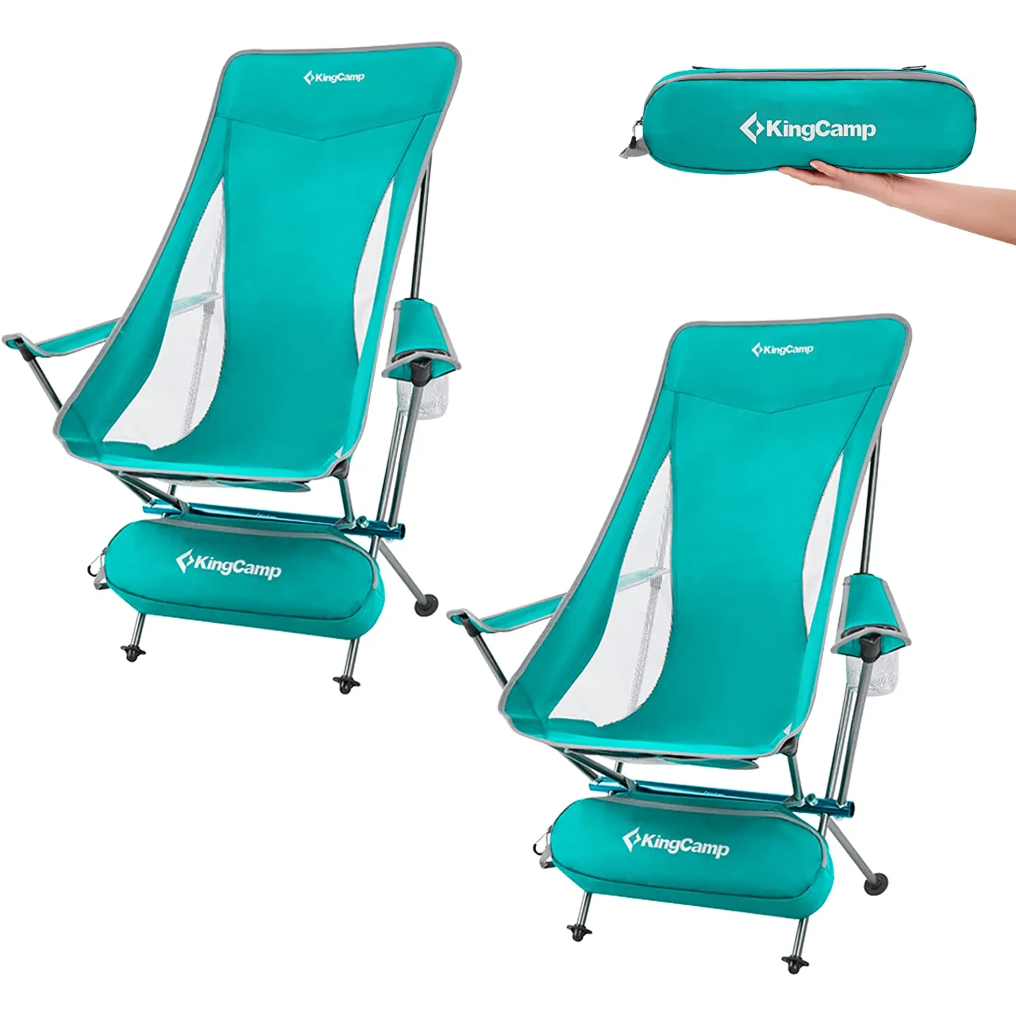 KingCamp Ultralight High Back Folding Camping Chairs Adults with Armrest for Outdoors with Carry Bag, 2 Pack, Cyan